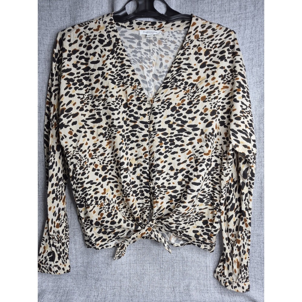 BEACH LUNCH LOUNGE Size S/P Chic Y2K Animal Tie Front V-neck Top Long Sleeve